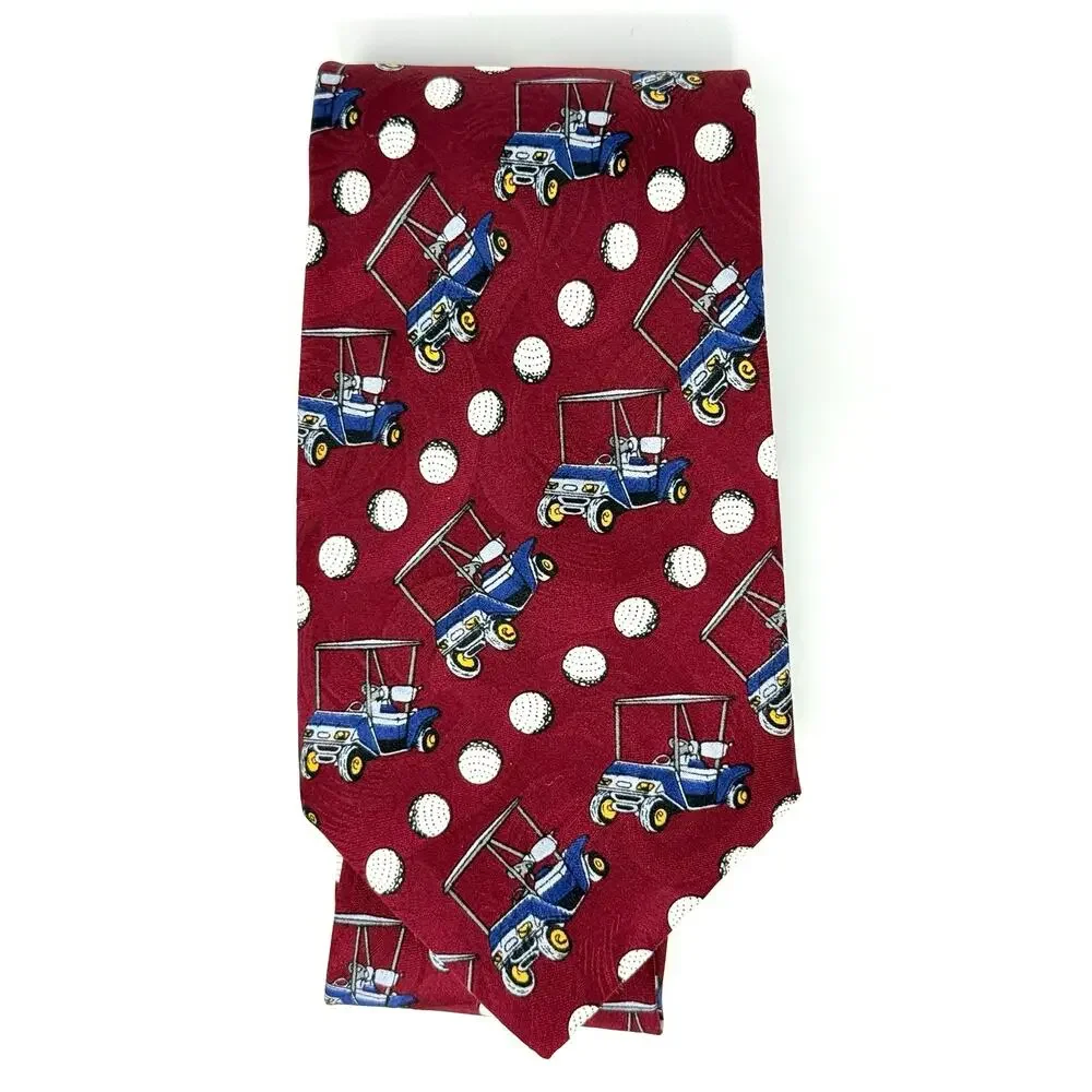 Vintage 90s Golf Red Tie Silk Golf Cart Golf Ball Print Made in USA Barry Wells